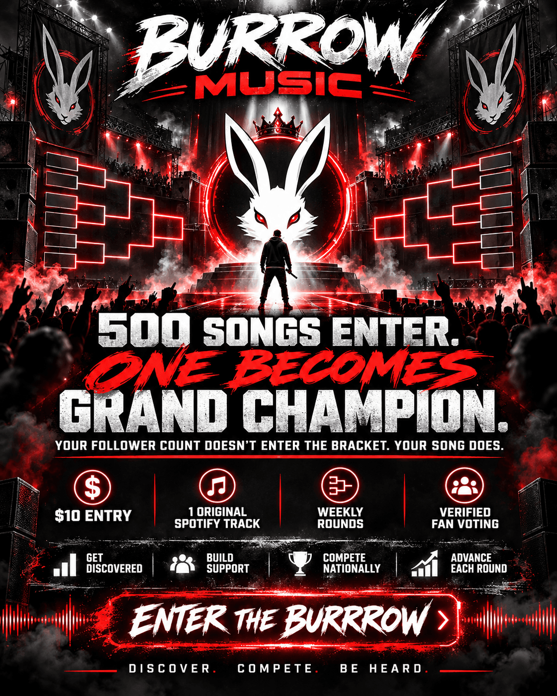 BURRROW MUSIC championship poster with its crowned rabbit emblem, red-lit stage, and the headline “500 songs enter. One becomes Grand Champion.”