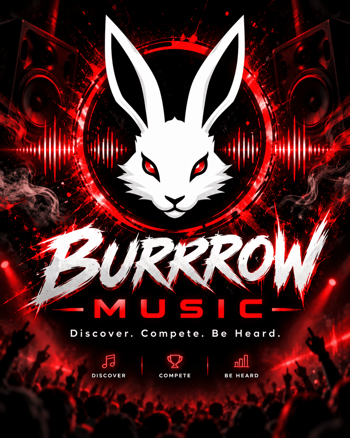 Red concert lights, a BURRROW rabbit emblem, the BURRROW MUSIC wordmark, and a crowd facing the stage.