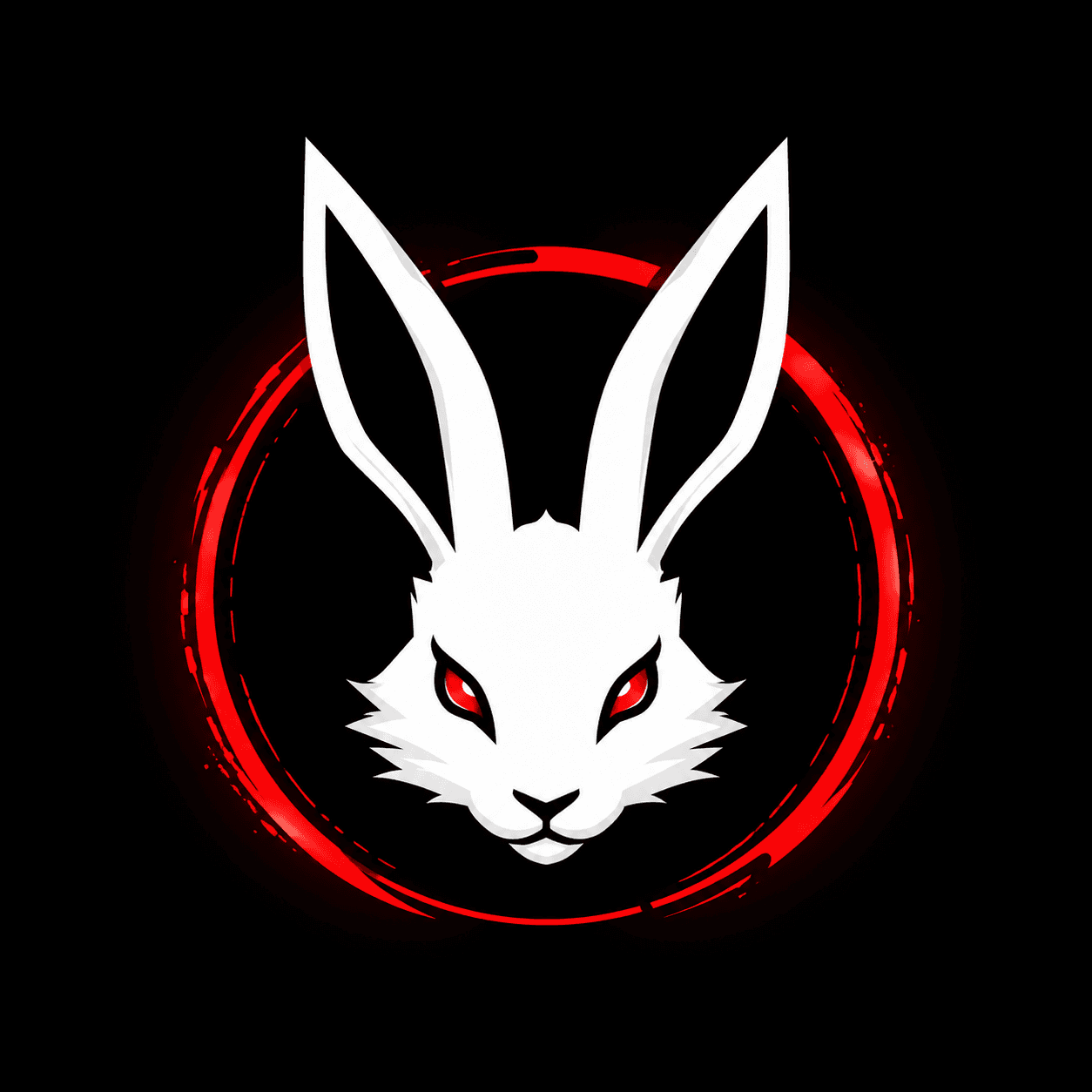 White rabbit face emblem inside a red ring on black.