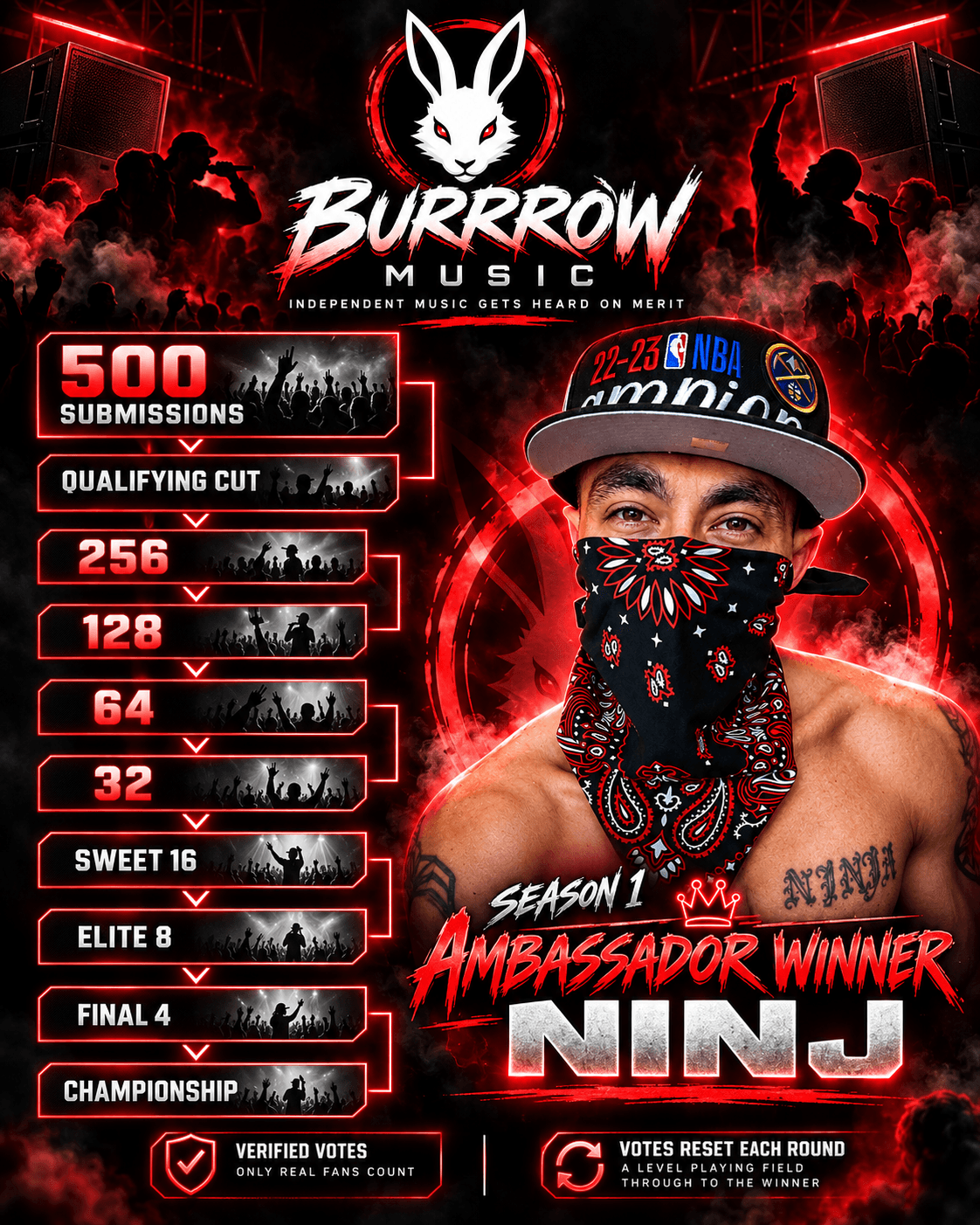 BURRROW Season 1 Ambassador artwork featuring NINJ, the competition bracket, and a live audience.