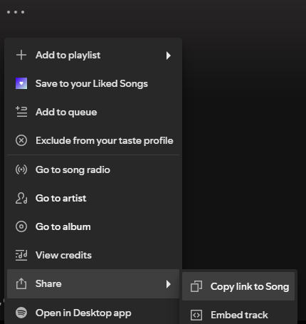 Spotify’s song menu with Share open and Copy link to Song highlighted.